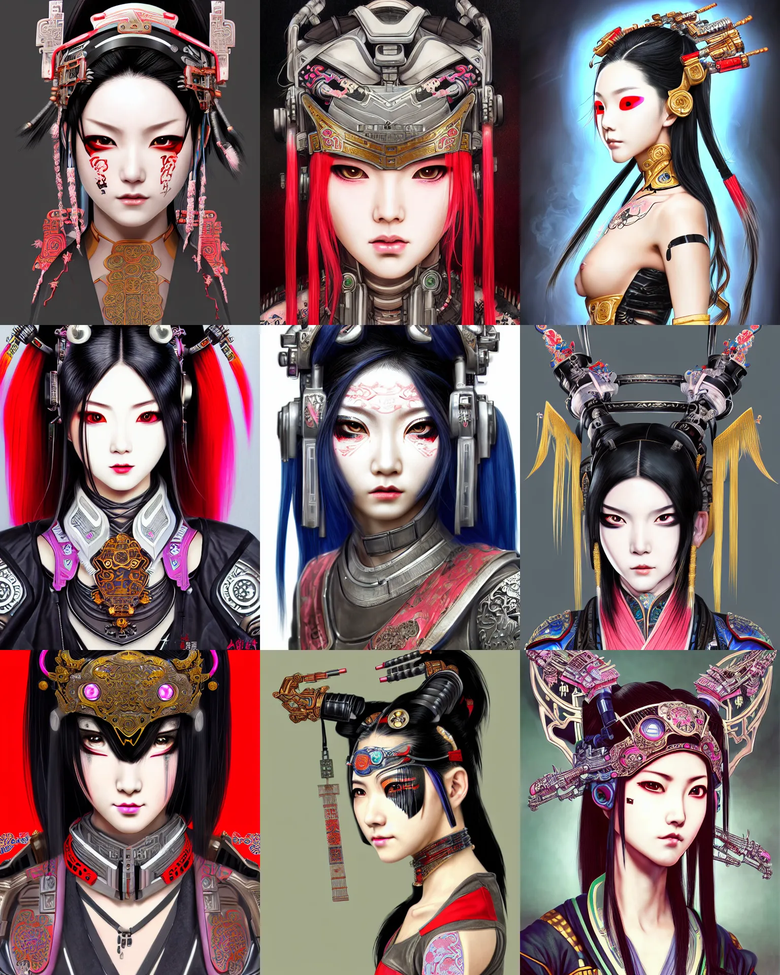 Prompt: upper half portrait of a female with machine head gear cyberpunk face accessories, decorated with chinese opera motifs, cyberpunk, royal, battle angel alita, wuxia, hanfu, traditional chinese art intricate intense elegant highly detailed digital painting artstation concept art smooth sharp focus illustration, art by mike nash and artgerm and alphonse mucha and yukito kishiro