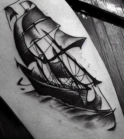 Prompt: A realistic black and white tattoo design sketch of a pirate ship, highly detailed tattoo, shaded tattoo, hyper realistic tattoo