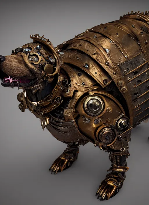 Prompt: a macro photo of amazing steampunk armored dog with ruby eyes and steam tubes legs, volumetric lightning, octane render, 4 k, hd, realistic reflections, extremely high detailed, soft lightning, trending on artstation, masterpiece, high resolution, bronze, gold, soft lightning