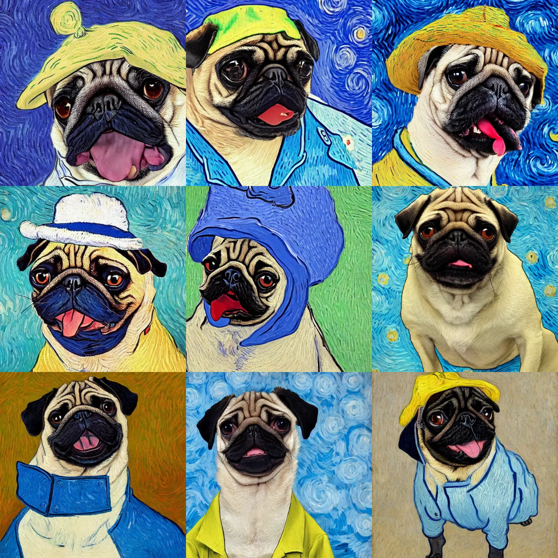 Prompt: a confused pug sticking his tongue out, wearing a blue jacket, a white shirt and a funny hat as a Van Gogh painting