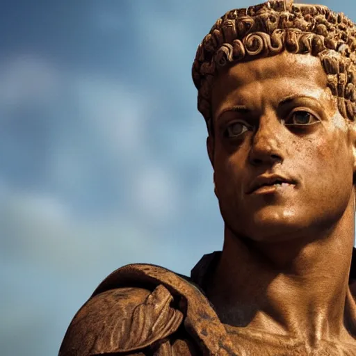 Image similar to rami malek as gorgeous statue of ancient roman emperor, 3 d photorealistic, high resolution render, museum photoshot, 8 k