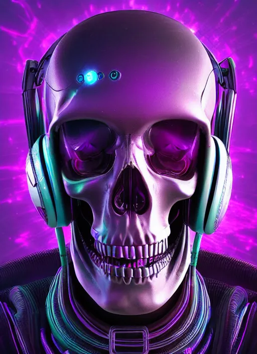 Image similar to a futuristic skull wearing headphones with glowing eyes and a purple background, cyberpunk art by android jones, behance contest winner, computer art, darksynth, synthwave, rendered in cinema 4 d