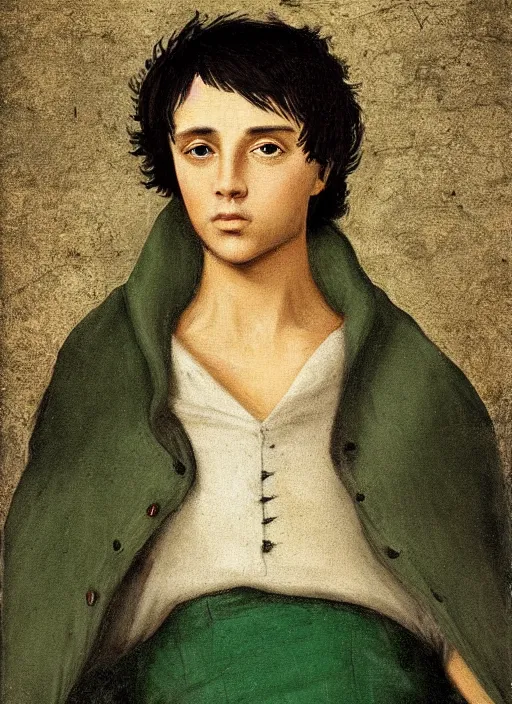 Image similar to a Spanish teenage boy with dark hair and green eyes, sharp jawline with a light beard, done in the style of a renaissance royal portrait