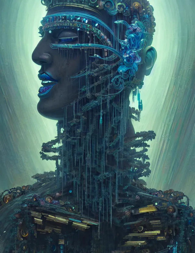 Image similar to a epic sakyamuni, the founder of buddhism in cyberpunk style temple, dystopian, cyberpunk, organic fractal mycelum and fungi, mecha, halfturn portrait of a big crystal face made of crystals half - turn, ominous, intricate, studio, art by anthony macbain + greg rutkowski + alphonse mucha, concept art, 4 k, sharp focus