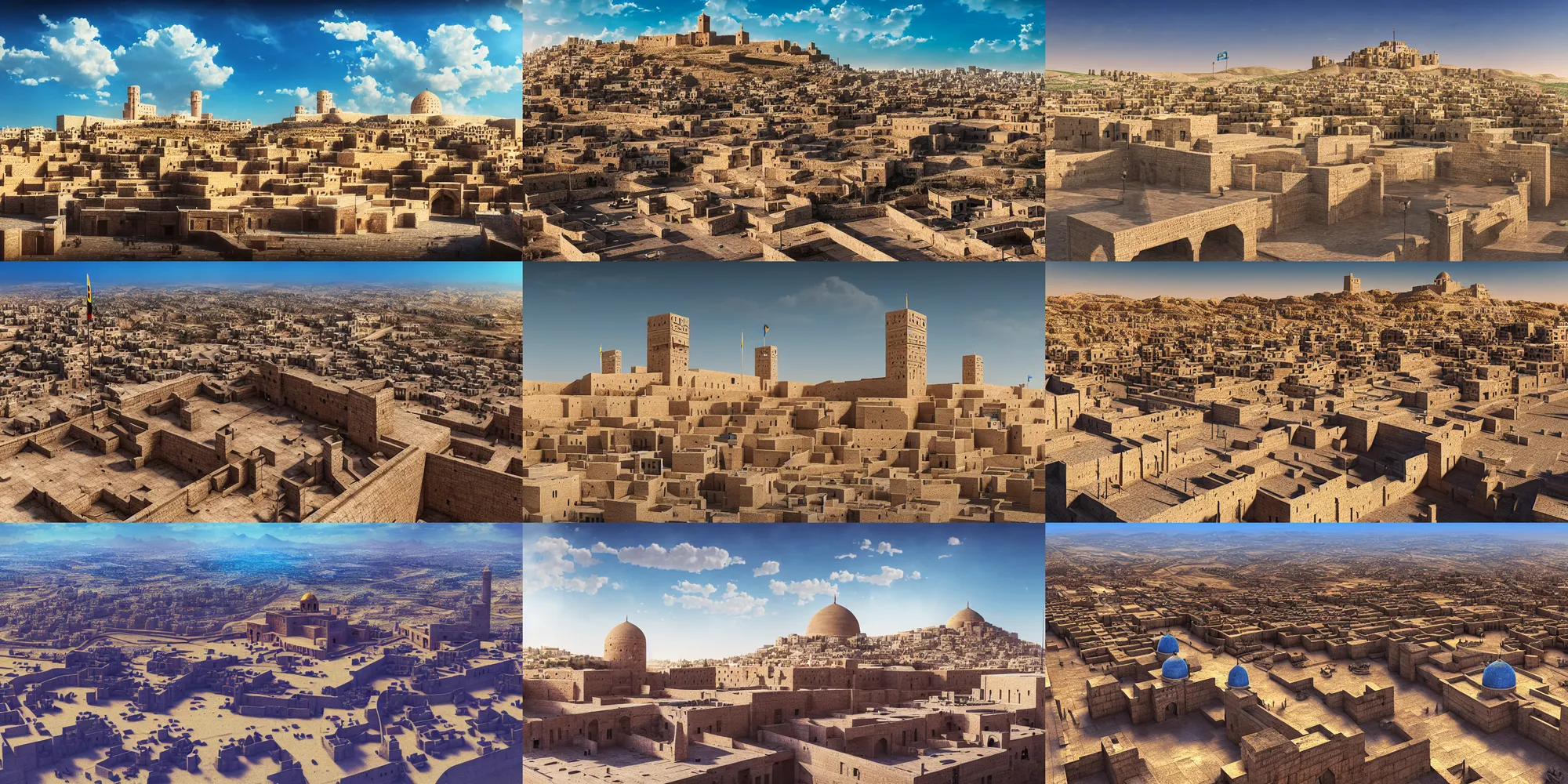 Prompt: citadel of erbil, old town mardin, kurdistan, photorealistic, bright blue sky, ultrawide establishing shot, cityscape, octane render, rtx, hdr, unreal engine, digital concept art in anime style by studio ghibli