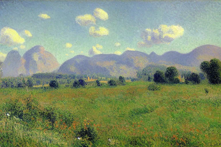 Prompt: a meadow with flowers, mountains in the background, plains, painting by Camille Pissarro