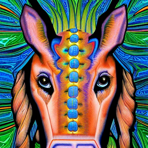 Prompt: a mule in the style of alex grey