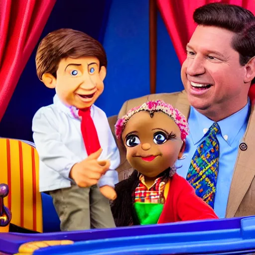 Image similar to a six year old child puppet in the its a small world ride in real life that looks exactly like ron desantis the governor of florida, highly detailed, high definition, ultra realistic