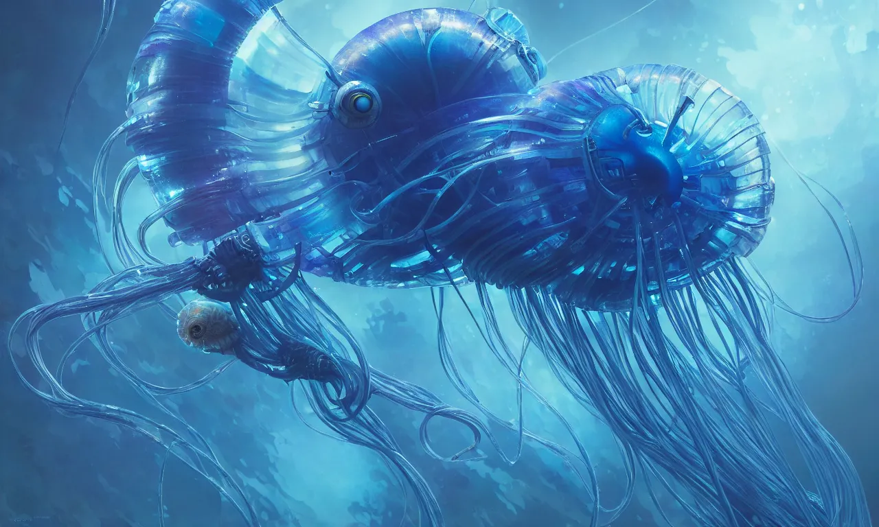 Image similar to Panorama hyper detailed painting of a cyberpunk jellyfish, blue tones, underwater, 8 mm, highly detailed, digital painting, artstation, concept art, smooth, sharp focus, illustration, art by artgerm and greg rutkowski and alphonse mucha