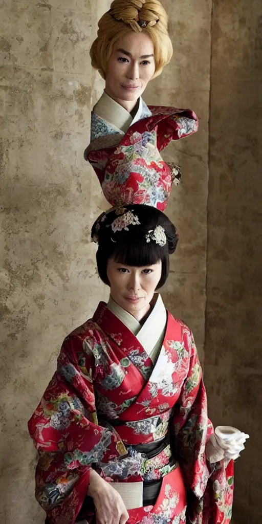 Image similar to cersei lannister japanese ukyo style, she is wearing a kimono, rice paper