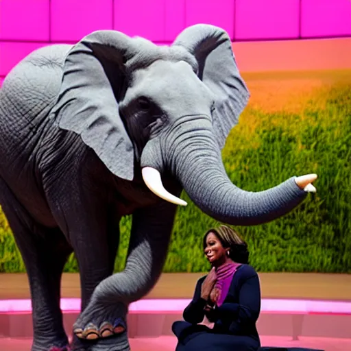 Prompt: a pink elephant as a guest in the oprah winfrey show