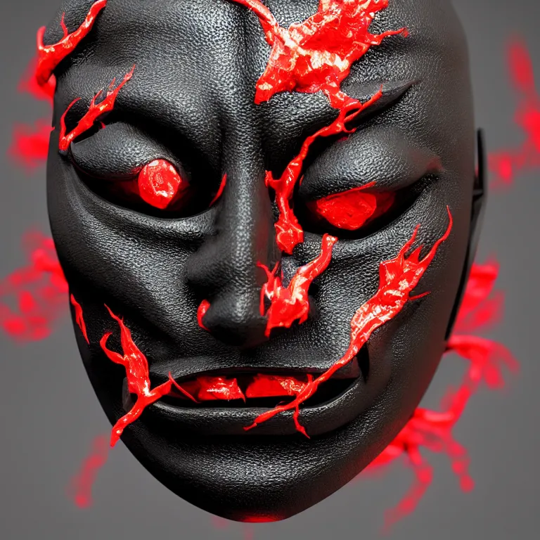 Image similar to a black hannya (般若) mask, kintsugi, ornate, details, smooth, sharp focus, illustration, realistic, cinematic, artstation, award winning, rgb , unreal engine, octane render, cinematic light, macro, depth of field, blur, red light, 8K,