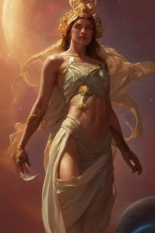 Image similar to goddess of space and time, accurate anatomy, only two hands, highly detailed, digital painting, artstation, concept art, smooth, sharp focus, illustration, Unreal Engine 5, 8K, art by Ross Tran and greg rutkowski and alphonse Mucha