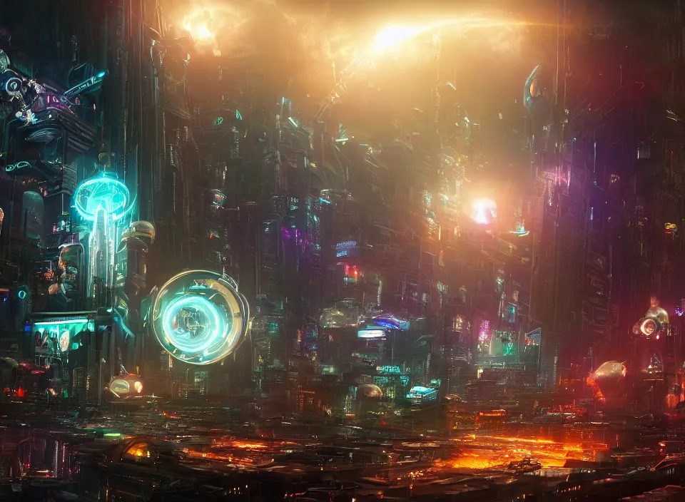 Prompt: A futuristic cyborg cyberpunk steampunk utopian city is surrounded by a massive ethereal portal glowing and sparking with wispy time dimension vortex strands. Cinematic, Award winning, ultra high resolution, intricate details, UHD 8K