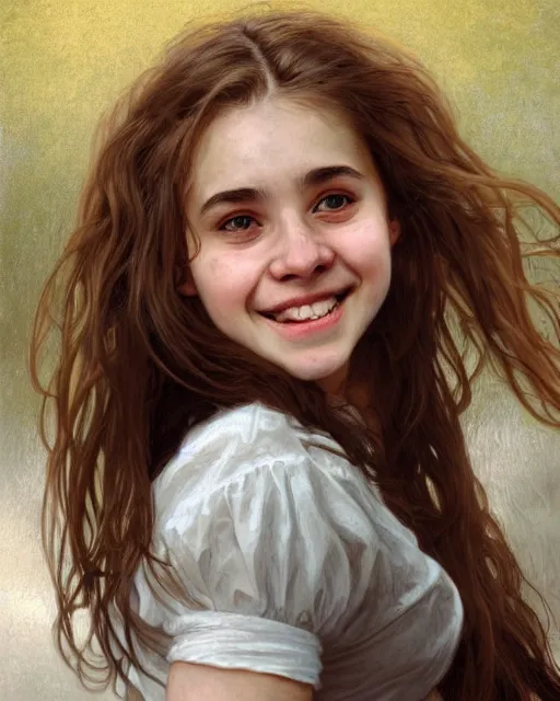 Image similar to close up portrait of 1 5 - year - old girl, smile with large front teeth, hermione granger, very bushy brown hair, and very bright brown eyes, wearing white shirt, hyper realistic face, beautiful eyes, close up, fantasy art, in the style of greg rutkowski, intricate, alphonse mucha, hyper detailed, smooth