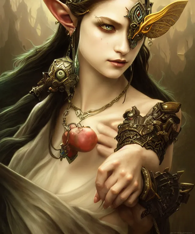 Image similar to dark fantasy, sensual legend of Zelda twilight Princess portrait, dark surrealist , fantasy, intricate, elegant, highly detailed, digital painting, artstation, concept art, smooth, sharp focus, illustration, art by Tom Bagshaw, artgerm and greg rutkowski and alphonse mucha