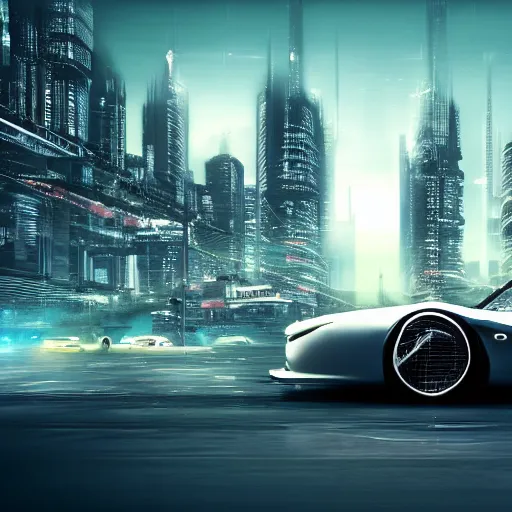 Image similar to The car is driving, with a gorgeous city in the background, cyberpunk, lots of detail