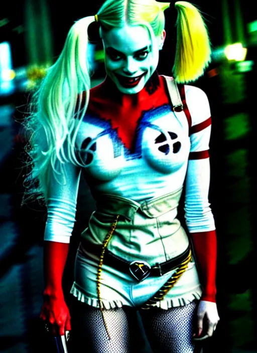 Image similar to 5 0 mm photo of beautiful suicide squad happy margot robbie with long white hair that looks like harley quinn standing on the wet street of dystopian gotham city at night, angry frown, seductive camisole, pinup, glamour fashion pose, watercolor, frank miller, moebius, jim lee, cinematic, ridley scott, lens flare, dramatic lighting, annie leibowitz