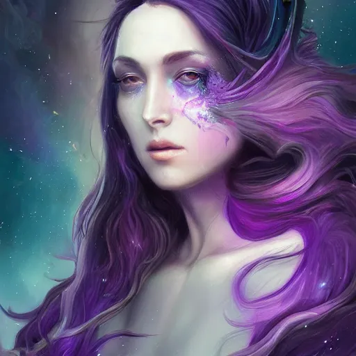 Image similar to epic portrait an nebulae goddess with flowing purple long hair and glowing purple eyes, sweaty skin, beautiful face, digital painting, artstation, concept art, soft light, hdri, smooth, sharp focus, illustration, fantasy, intricate, elegant, highly detailed, D&D, matte painting, in the style of Greg Rutkowski and Alphonse Mucha and artemisia, 8k, highly detailed, jurgens, rutkowski, bouguereau, pastoral, rustic, georgic, detailed concept art, illustration, colorful pastel, painting, detail, ultra detailed, digital art, 4K,