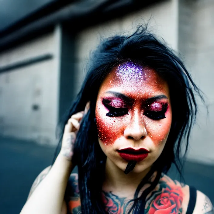 Image similar to Cinestill 50d candid photography of a city on fire, a techwear mixed woman wearing thick mascara and dark glitter makeup crying outside of a city on fire, tattoos, tilted frame, 4k, 8k, hd, full color, long shot, wide shot, full shot, blurry