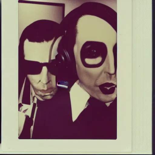 Image similar to Marilyn Manson, working in a call center, polaroid photograph, 4k