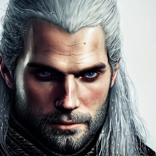 Image similar to an epic portrait of henry cavill as witcher, witcher, handsome, white hair, detailed face, epic fantasy art, trending on artstation, deviantart, high detail, high definiton, ultra realistic, hyper realistic, photo realistic, 4 k uhd,