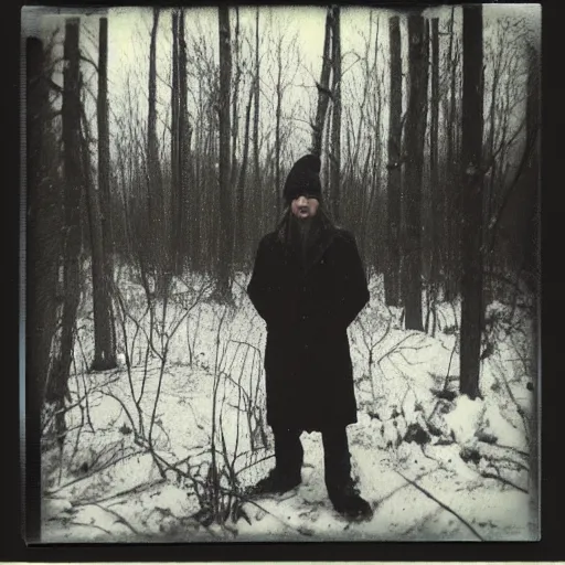 Image similar to vintage polaroid photograph of a man wearing black winter clothes and a black beanie in a snowy forest, standing next to a car