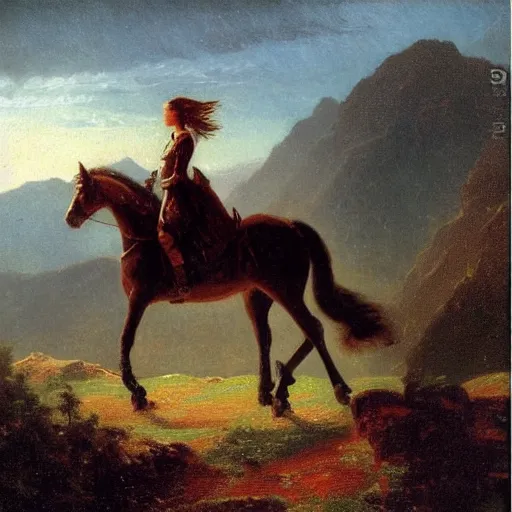 Prompt: female knight on horse, valley with mountains, by albert bierstadt