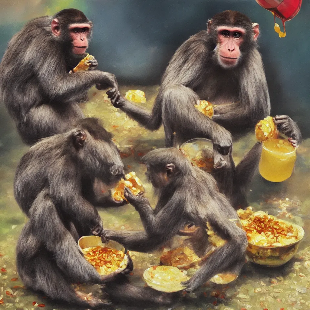 Prompt: monkey eating rice crackers oil painting trending on artstation