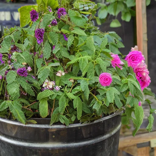 Prompt: robert plant with vines and flower pedals for hair in a large potting container 4 k