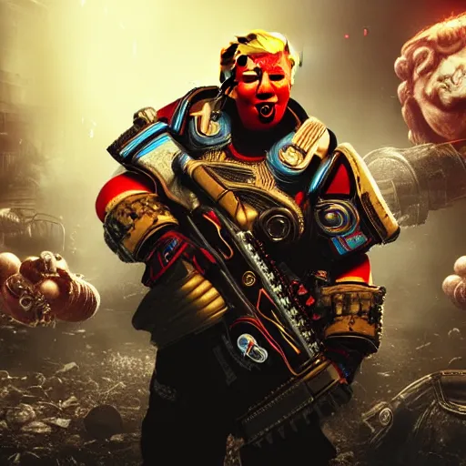 Image similar to portrait of donald trump as a clown in gears of war, splash art, movie still, cinematic lighting, ray tracing, octane render, long lens, shallow depth of field, bokeh, anamorphic lens flare, 8 k, hyper detailed, 3 5 mm film grain