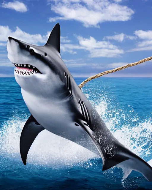 Prompt: a shark riding the sea attached on a boat with a rope on his fin, epic, hyperdetailed, 4 k, hyperrealistic