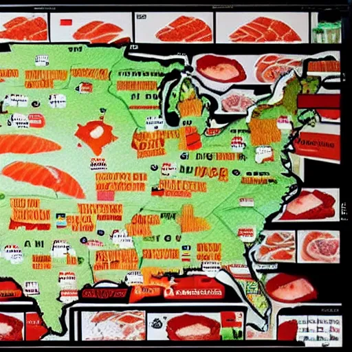 Image similar to a photo of the map of the USA made from sushi, recipe, map, accurate, 8k, high detail,