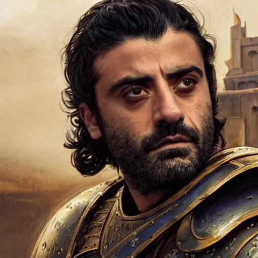 Prompt: painting of oscar isaac in armor playing achilles, ancient city in background, ultra detailed, realistic, movie poster, in the style of leonardo davinci