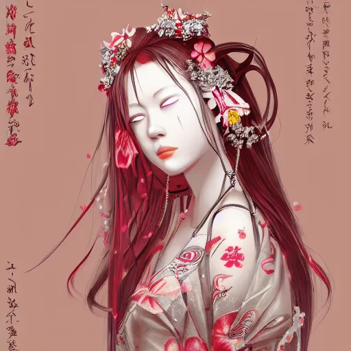 Image similar to albino maiko long hair, jewelry, sakura flower, red and white neon, concept art, intricate details, highly professionally detailed, cgsociety, highly detailed -