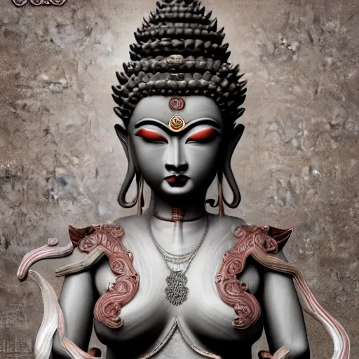 Image similar to naraka buddhist demon korean female, highly detailed, symmetrical long head, smooth marble surfaces, detailed ink illustration, raiden metal gear, cinematic smooth stone, deep aesthetic, concept art, post process, 4 k, carved marble texture and silk cloth, latex skin, highly ornate intricate details, in the style of 8 8 grzes