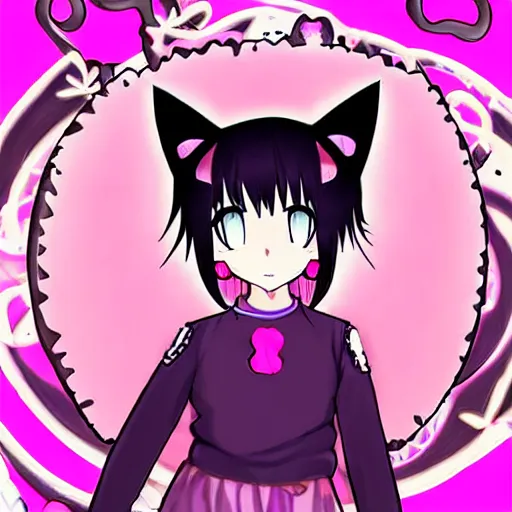 Image similar to digital card art of anime (cat) girl with cat ears surrounded by magic circles. Short hair. Pink hue. Highly detailed. Beautiful