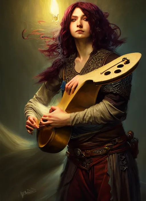 Image similar to bard playing lute, full body, hyper realistic, extremely detailed, dnd character art portrait, dark fantasy art, intricate fantasy painting, dramatic lighting, vivid colors, deviantart, artstation, by clyde caldwell and krenz cushart and artem demura and john williams waterhouse