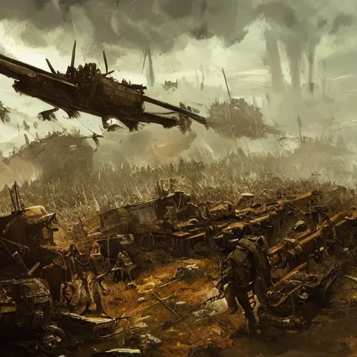 Image similar to jakob rozalski artstyle, steam punk war scene