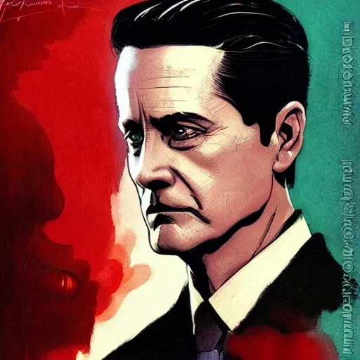 Prompt: a beautiful portrait of Agent Cooper by Greg Rutkowski and David Mack and Brian Bolland, Twin Peaks, trending on Artstation