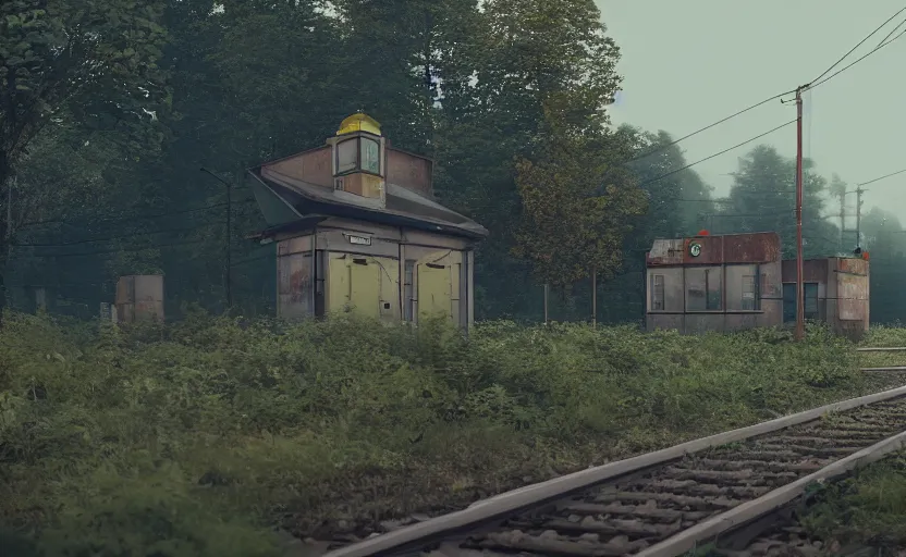 Prompt: An abandoned train station by Simon Stalenhag, hyperrealism art, cinematic lighting, overgrown swedish urban landscape, 8k resolution, trending on artstation