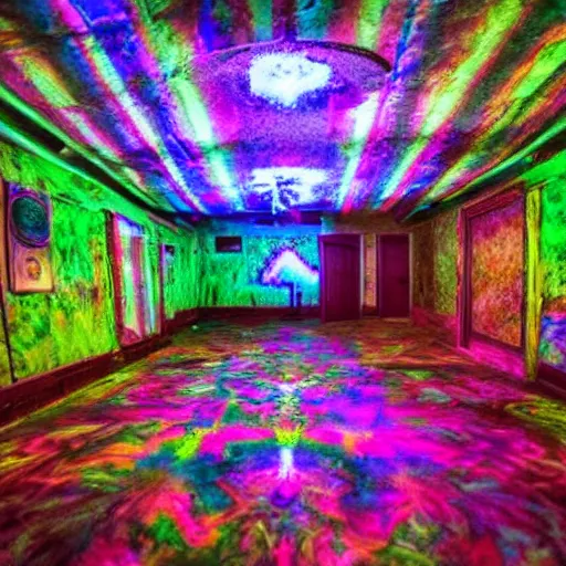 Image similar to psychadelic dmt large basement, perfect for smoking dmt, photograph 4k