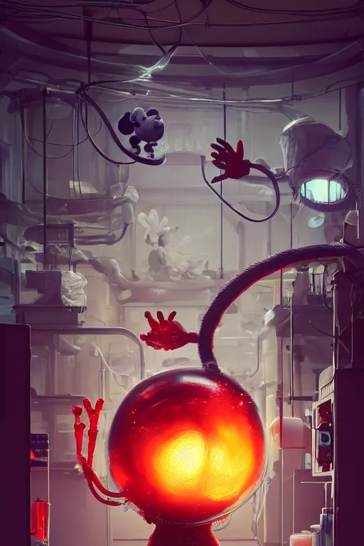 Image similar to mechanics scientist in lab facility looking at bloody mickey mouse head lifted by claw,, made by beeple, cgsociety, artgerm, greg rutkowski, highly detailed intricate 4 k art, low light cinematic, octane render, unreal engine, smooth concept art