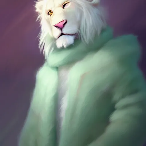 Image similar to aesthetic portrait commission of a albino male furry anthro lion wearing a cute mint colored cozy soft pastel winter outfit, winter atmosphere character design by charlie bowater, ross tran, artgerm, and makoto shinkai