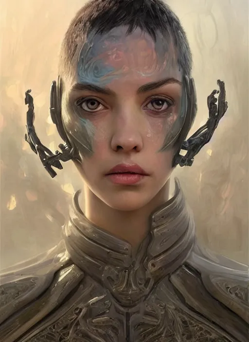 Image similar to a professional painting of a beautiful young female alien, clothed in ethereal armor, olive skin, long dark hair, beautiful bone structure, symmetrical facial features, intricate, elegant, digital painting, concept art, smooth, sharp focus, illustration, from Valerian and the City of a Thousand Planets, by Ruan Jia and Mandy Jurgens and Artgerm and William-Adolphe Bouguerea