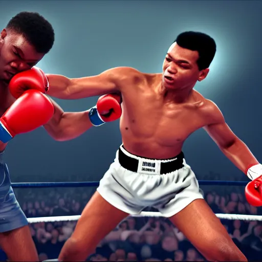 Image similar to mohammed ali fighting joe frasier in heaven 8 k super realistic detail digital painting, unreal engine, 3 d render