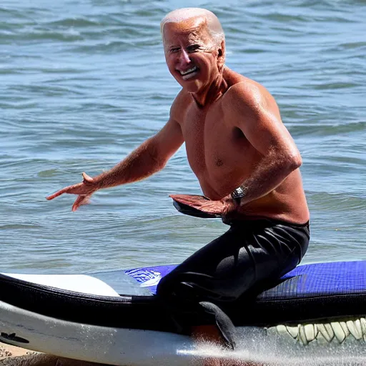 Image similar to ( joe biden ) surfing on top of a crocodile