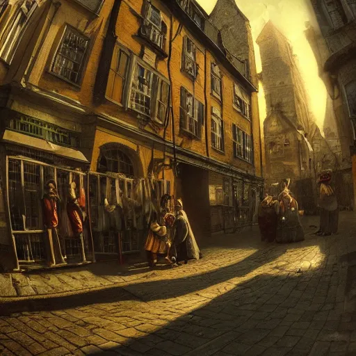 Prompt: 1 8 th century!!!!! town street, cinematic photography, fisheye!!!!! lens, ( ( ( ( ( worm's - eye view ) ) ) ) ), illustrated by max hay, artstation, cgsociety contest winner, dramatic lighting, vignette