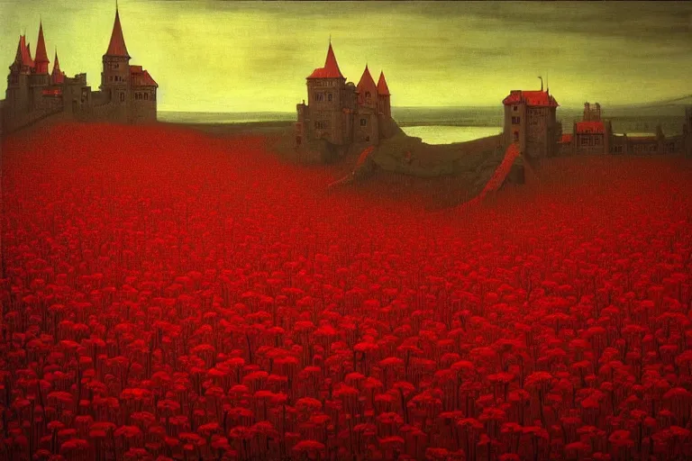 Image similar to only with red, red flowers, a red tiger, a castle in the background, medieval demons, an ancient path, in the style of beksinski, part by hopper, part by rodcenko, part by hofbauer, intricate composition, red by caravaggio, insanely quality, highly detailed, masterpiece, red light, artstation