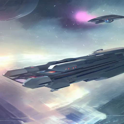 Image similar to spaceship in the atmosphere, huge carrier, homeworld 2, illustration, concept art